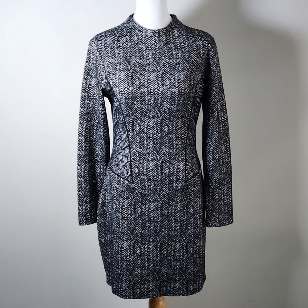 Houndstooth Print Bodycon Dress Large Black White Winter Preppy Career Office